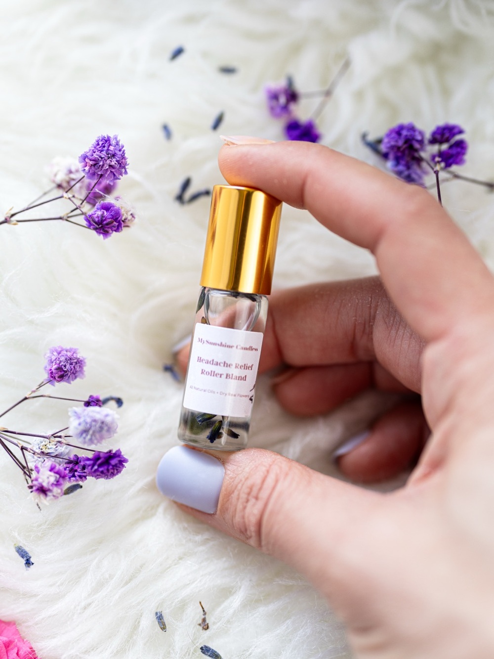 Headache Relief Roller Blend – Lavender Clear Glass Bottle with Gold Cap